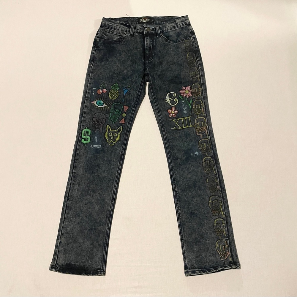 Mecca DNA Graphic Acid Wash Jeans Skulls Streetwear Women's 30